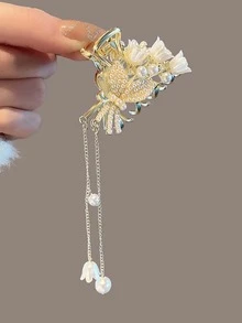Vuốt tóc trang trí ngọc trai để sử dụng hàng ngày cho các cô gái Kiểu tóc bướm thanh lịch giản dị - Vàng - Xem 3