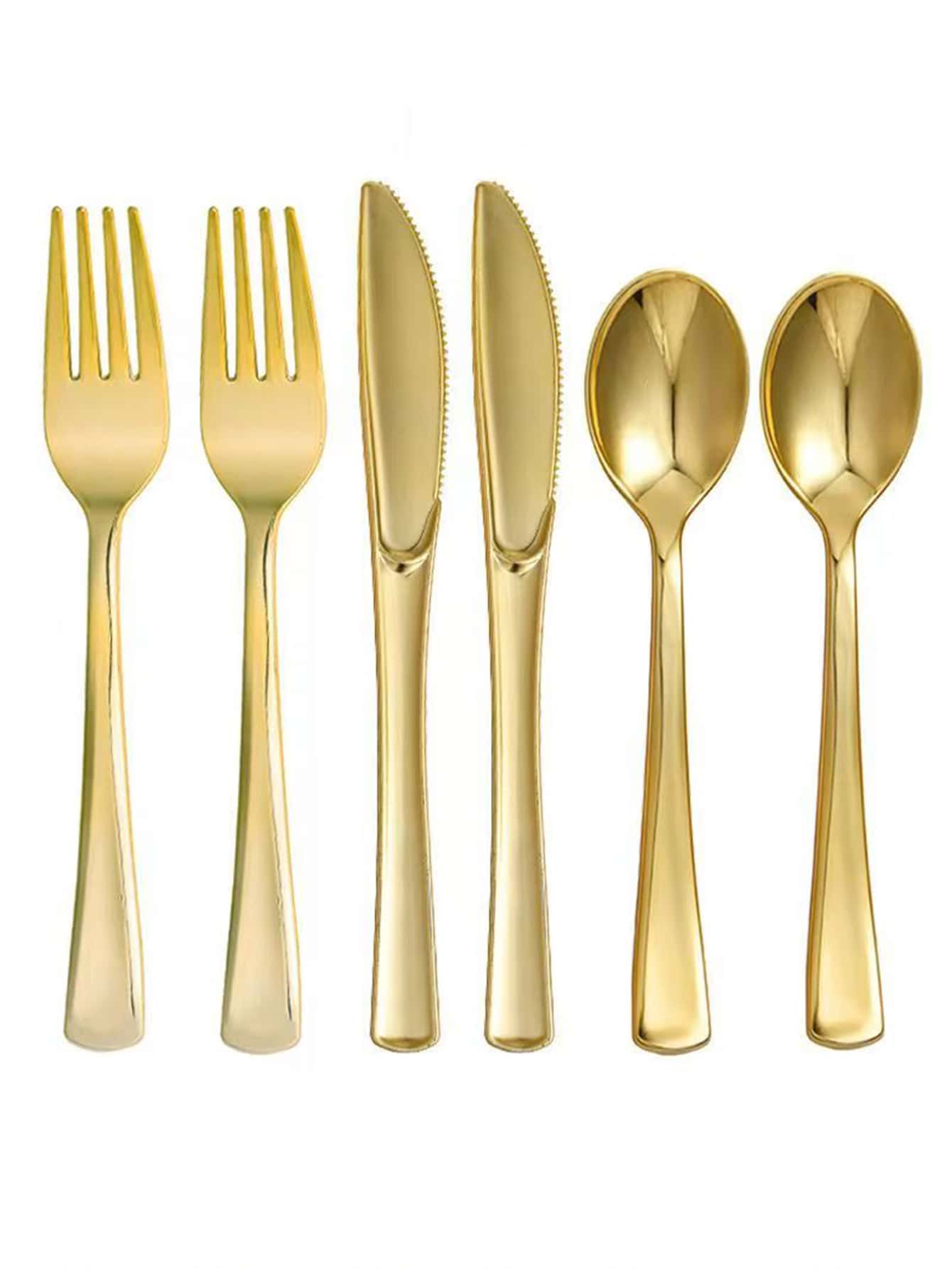 5 piezas/set dorado de plástico Set cubiertos ( Cuchillo , Tenedor , Cuchara ) - Dorado - Ver 1