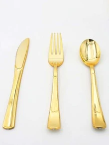 5 piezas/set dorado de plástico Set cubiertos ( Cuchillo , Tenedor , Cuchara ) - Dorado - Ver 2