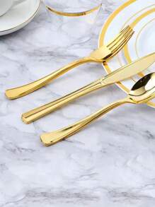 5 piezas/set dorado de plástico Set cubiertos ( Cuchillo , Tenedor , Cuchara ) - Dorado - Ver 3