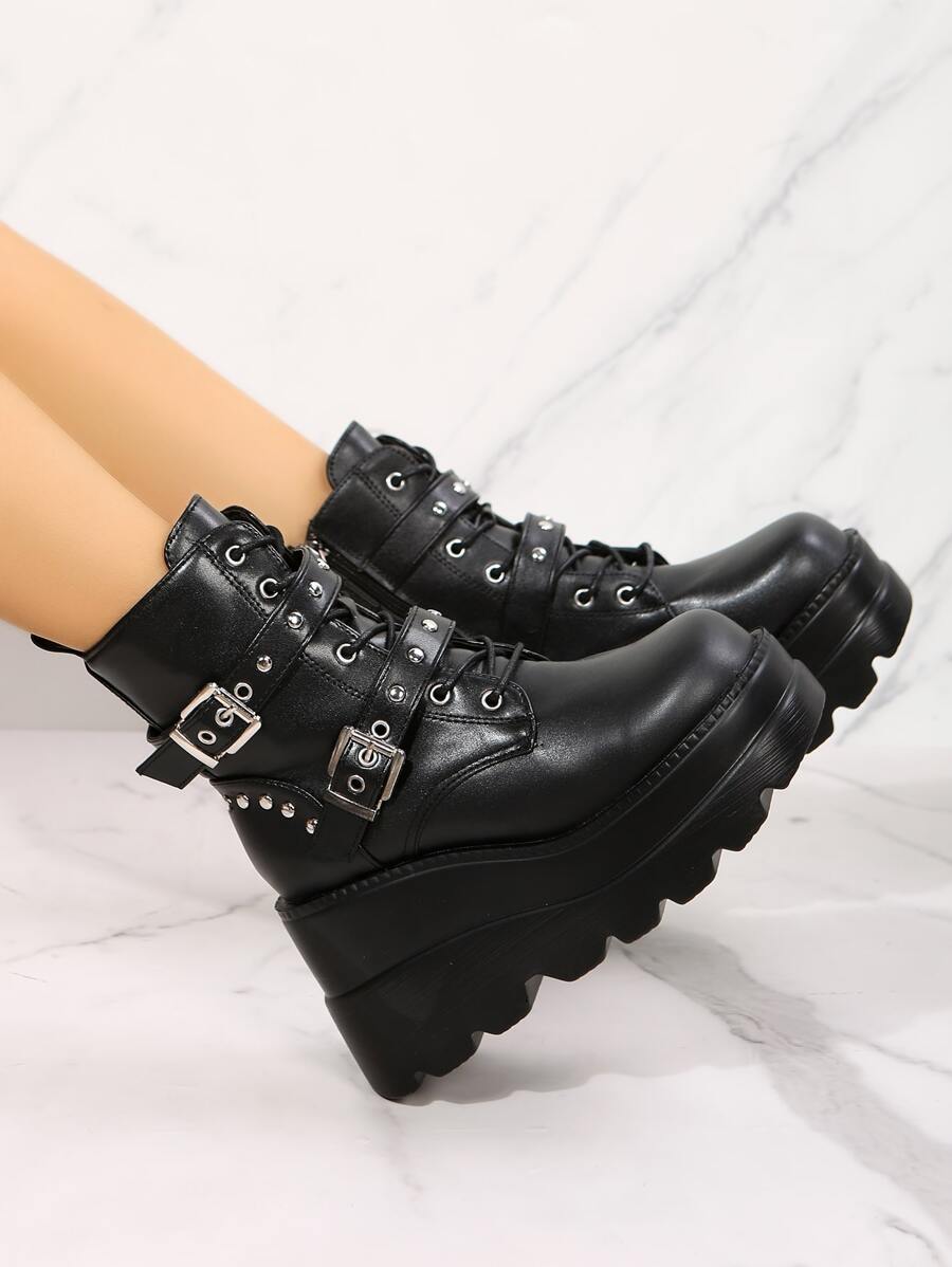 Fivela Dupla Estilo Punk Cunha Salto Mulheres Botas De Moda Com Grosso Para Altura Melhoria