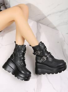 Fivela Dupla Estilo Punk Cunha Salto Mulheres Botas De Moda Com Grosso Para Altura Melhoria
