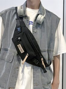 Túi đeo hông thời trang đa năng cho bé trai có miếng vá chữ trang trí Túi đeo vai Túi đeo chéo Túi thường ngày Túi đeo chéo cho học sinh trung học Sinh viên đại học Sinh viên năm nhất - màu đen - Xem 1