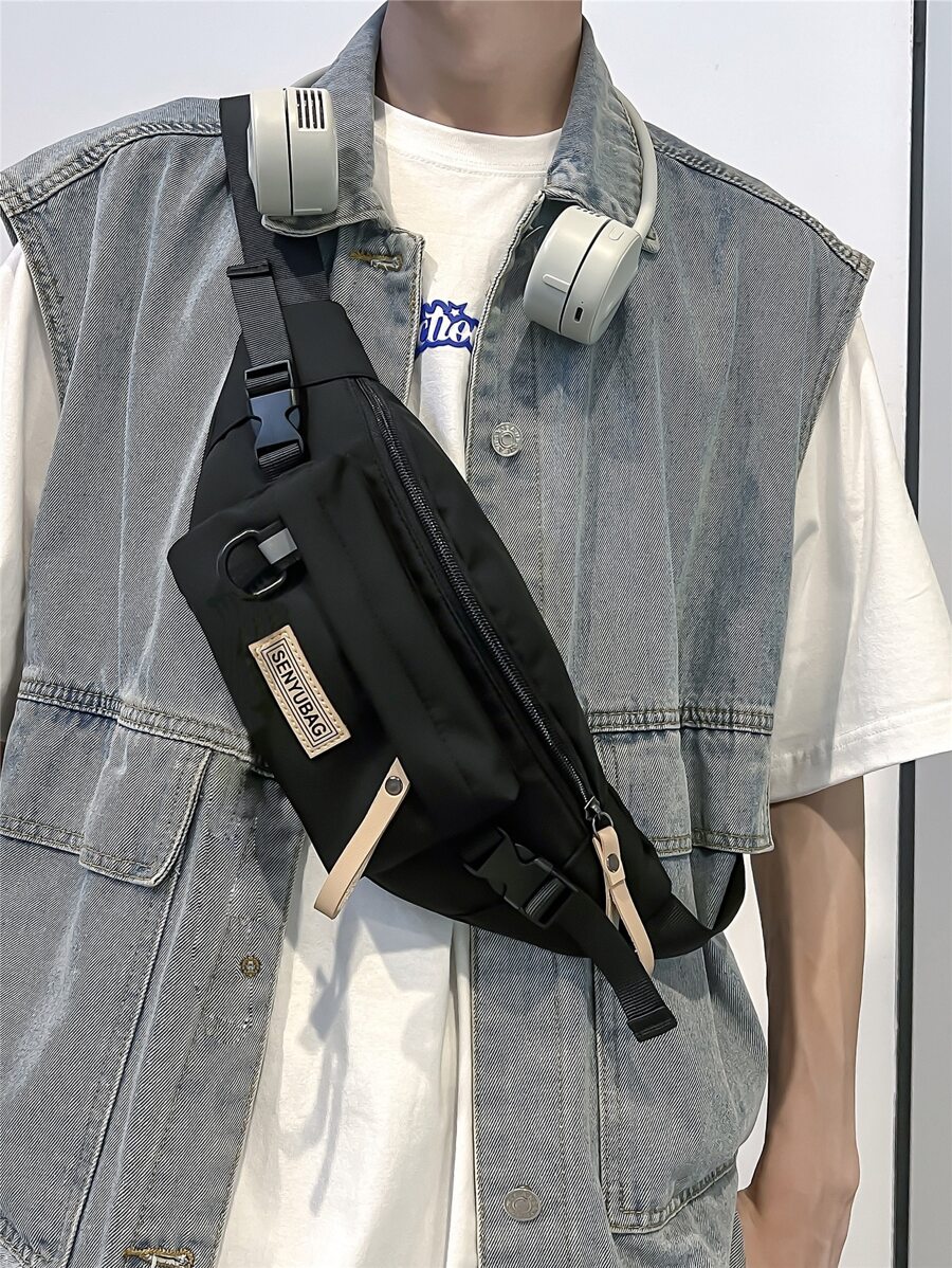 Túi đeo hông thời trang đa năng cho bé trai có miếng vá chữ trang trí Túi đeo vai Túi đeo chéo Túi thường ngày Túi đeo chéo cho học sinh trung học Sinh viên đại học Sinh viên năm nhất - màu đen - Xem 1