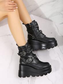 Fivela Dupla Estilo Punk Cunha Salto Mulheres Botas De Moda Com Grosso Para Altura Melhoria