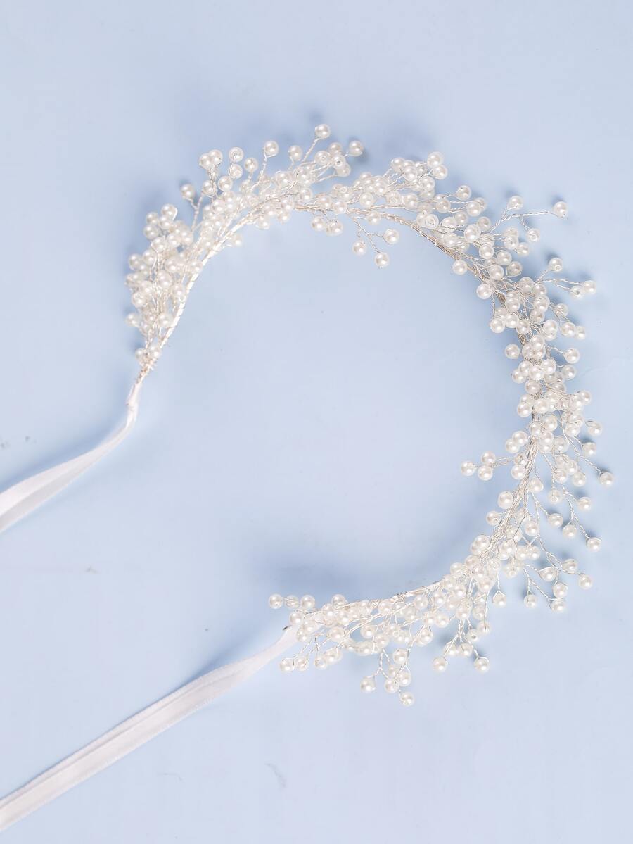 波西米亞婚禮伴娘花女孩珍珠髮箍藤蔓彈簧頭巾頭髮藤蔓婚禮配件復古鄉村婚禮 - 白色 - 查看 1