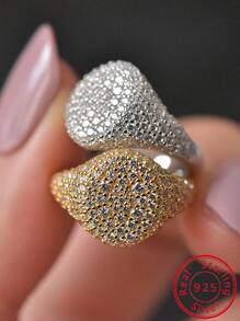 Simple Luxury Sterling Silver Cubic Zirconia Decor Round Ring For Women For Party Decoration - Gold - View 1