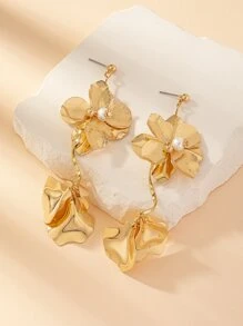 一对夸张花卉图案长款耳环，女士流行时尚珠宝 - 金色 - 查看 1
