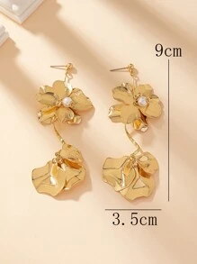 一对夸张花卉图案长款耳环，女士流行时尚珠宝 - 金色 - 查看 5