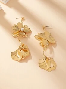 一对夸张花卉图案长款耳环，女士流行时尚珠宝 - 金色 - 查看 3