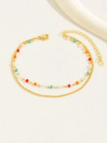 1 件时尚波西米亚海滩度假风格双层脚链（手工制作，珠子数量和颜色随机） - 彩色 - 查看 2