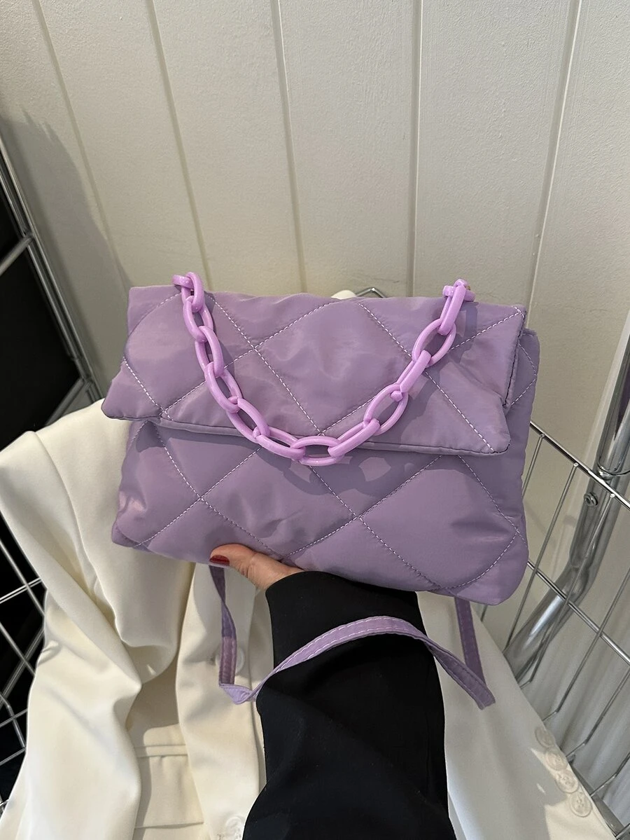 Túi đeo chéo hình vuông có nắp khâu màu tím có dây chuyền trang trí - Màu tím - Xem 1