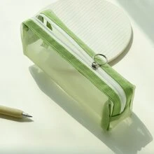 綠色網紗透明筆袋大容量耐用小袋筆盒簡約風文具包學校大學辦公室收納適用於青少年女孩成年人學生 - 軍綠色 - 查看 1