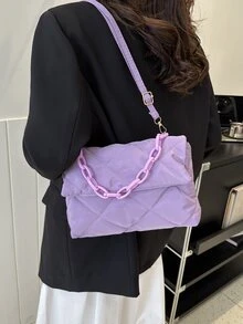 Túi đeo chéo hình vuông có nắp khâu màu tím có dây chuyền trang trí - Màu tím - Xem 4