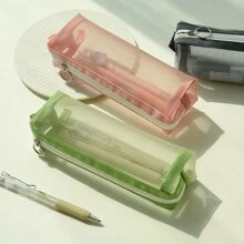 綠色網紗透明筆袋大容量耐用小袋筆盒簡約風文具包學校大學辦公室收納適用於青少年女孩成年人學生 - 軍綠色 - 查看 2
