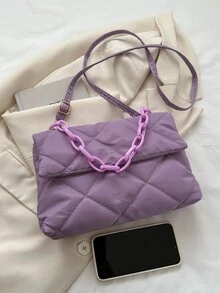 Túi đeo chéo hình vuông có nắp khâu màu tím có dây chuyền trang trí - Màu tím - Xem 5