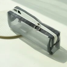 灰色網紗透明筆袋大容量耐用小袋筆盒簡約風文具包學校大學辦公室收納適用於青少年女孩成年人學生 - 灰色 - 查看 1
