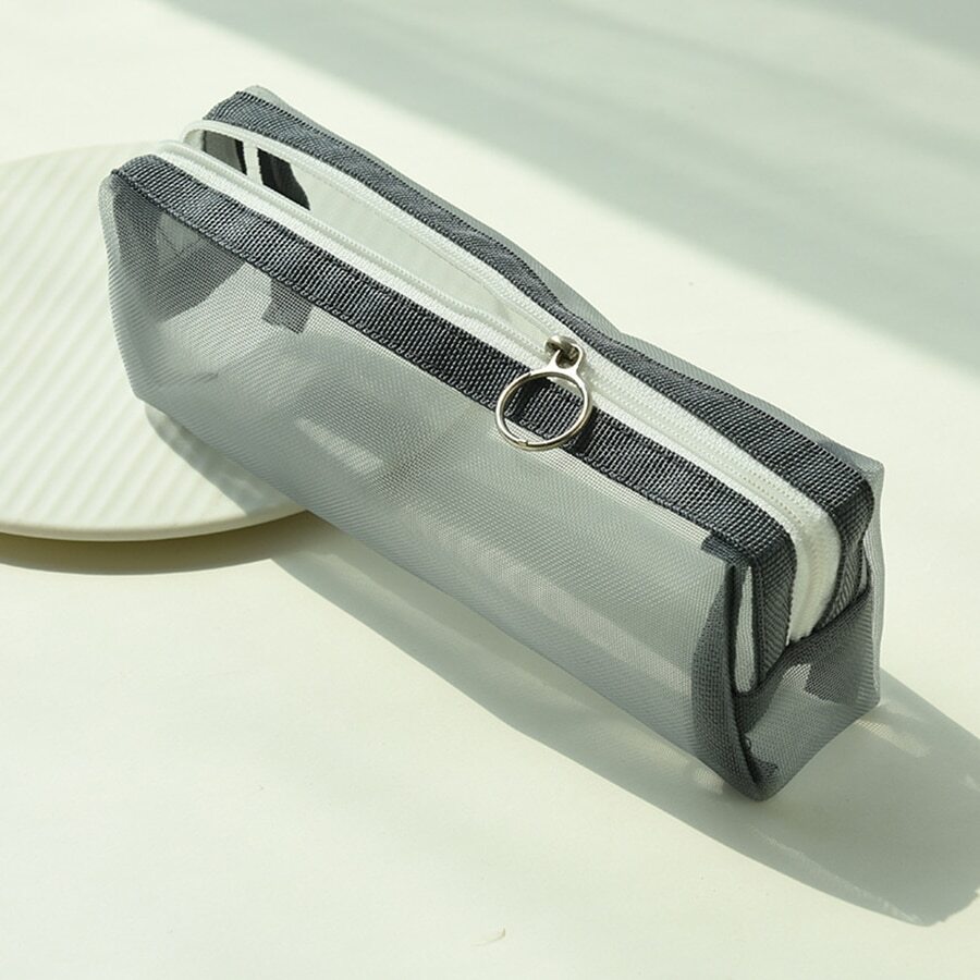 灰色網紗透明筆袋大容量耐用小袋筆盒簡約風文具包學校大學辦公室收納適用於青少年女孩成年人學生 - 灰色 - 查看 1