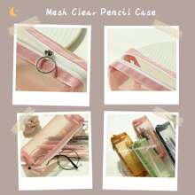 灰色網紗透明筆袋大容量耐用小袋筆盒簡約風文具包學校大學辦公室收納適用於青少年女孩成年人學生 - 灰色 - 查看 4