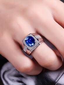 1入組商務宴會藍色方晶鋯石華麗而顯眼男士約會派對婚禮訂婚戒指 - 藍色 - 查看 3
