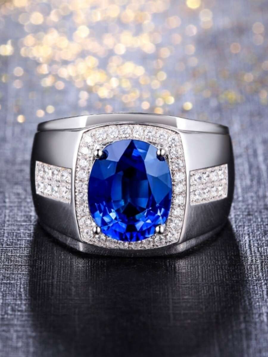 1入組商務宴會藍色方晶鋯石華麗而顯眼男士約會派對婚禮訂婚戒指 - 藍色 - 查看 1