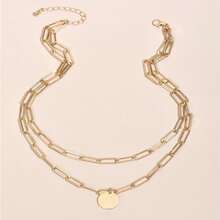 Fashionable Punk Style Double Circular Pendant Necklace, Unisex Multi-layered Collarbone Chain - Gold - View 5