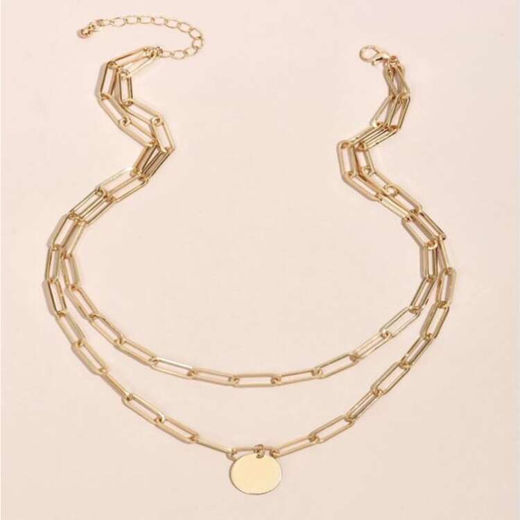時尚朋克風格雙圓吊墜項鍊,中性多層鎖骨鏈條 - 金色 - 查看 5
