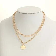 Fashionable Punk Style Double Circular Pendant Necklace, Unisex Multi-layered Collarbone Chain - Gold - View 3