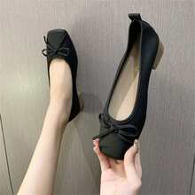 2023 年春秋新款女士方头蝴蝶结软底一脚蹬鞋，舒适大码低帮软皮 PU 皮平底鞋 - 黑色 - 查看 2