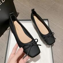 2023 年春秋新款女士方头蝴蝶结软底一脚蹬鞋，舒适大码低帮软皮 PU 皮平底鞋 - 黑色 - 查看 4