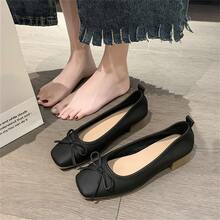 2023 年春秋新款女士方头蝴蝶结软底一脚蹬鞋，舒适大码低帮软皮 PU 皮平底鞋 - 黑色 - 查看 3