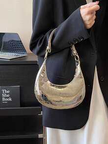 韓版時尚pu皮革,有光澤表面和折痕月牙袋,多功能肩袋/手拿斜挎包,適用於女性 - 金色 - 查看 5