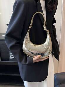 韓版時尚pu皮革,有光澤表面和折痕月牙袋,多功能肩袋/手拿斜挎包,適用於女性 - 金色 - 查看 6