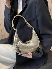 韓版時尚pu皮革,有光澤表面和折痕月牙袋,多功能肩袋/手拿斜挎包,適用於女性 - 金色 - 查看 10