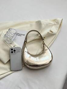 韓版時尚pu皮革,有光澤表面和折痕月牙袋,多功能肩袋/手拿斜挎包,適用於女性 - 金色 - 查看 3