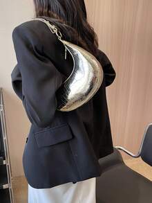 韓版時尚pu皮革,有光澤表面和折痕月牙袋,多功能肩袋/手拿斜挎包,適用於女性 - 金色 - 查看 8