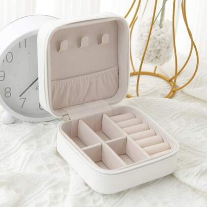 1pc White Minimalist Pu Leather Jewelry Box, Portable And Suitable For Storing Rings & Necklaces For Women