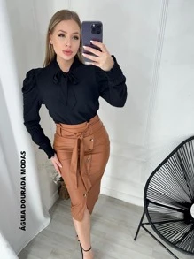ÁGUIA DOURADA MODAS Saia feminina couro fake LETICIA - Caramelo - Visão 1