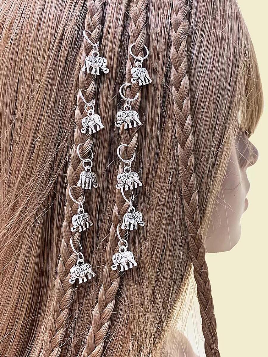 10 anillos para el pelo con dije de elefante - Plateado - Ver 1