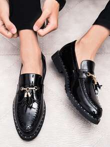 男士流蘇裝飾男士正裝鞋,商業黑色正裝樂福鞋適合婚禮