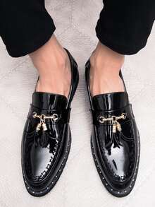 男士流蘇裝飾男士正裝鞋,商業黑色正裝樂福鞋適合婚禮