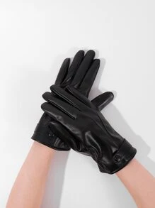 1對時尚黑色pu皮革邊框紐扣觸控手套柔軟保暖皮手套秋冬防寒分離手套 - 黑色 - 查看 1