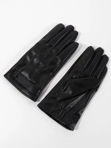 1對時尚黑色pu皮革邊框紐扣觸控手套柔軟保暖皮手套秋冬防寒分離手套 - 黑色 - 查看 2