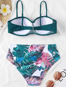 欧美风比基尼套装新款碎花比基尼套装交叉文胸分体泳衣高腰系带夏季沙滩 - 水鴨藍 - 查看 3