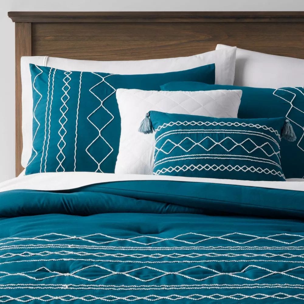 Diamond Stitch Comforter Bedding Set Dark Teal Blue - Blue - View 1