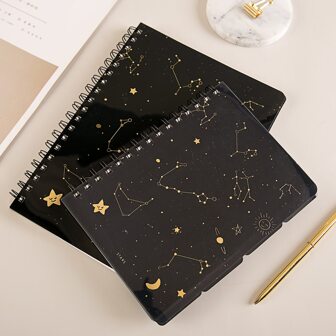 1入組黑色星空設計活頁線裝筆記本，帶索引分隔線和頁標記簡單便攜式記事本
