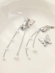 水鑽蝴蝶和人造珍珠耳墜 - 紫色 - 查看 4