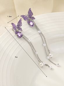 水鑽蝴蝶和人造珍珠耳墜 - 紫色 - 查看 2
