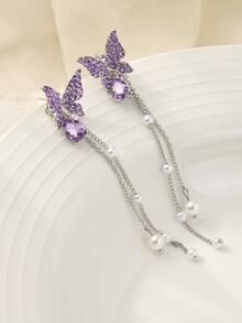 水鑽蝴蝶和人造珍珠耳墜 - 紫色 - 查看 3