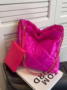 2入組熒光燈粉色縫綫大容量托特包帶零錢包 - 玫紅色 - 查看 1